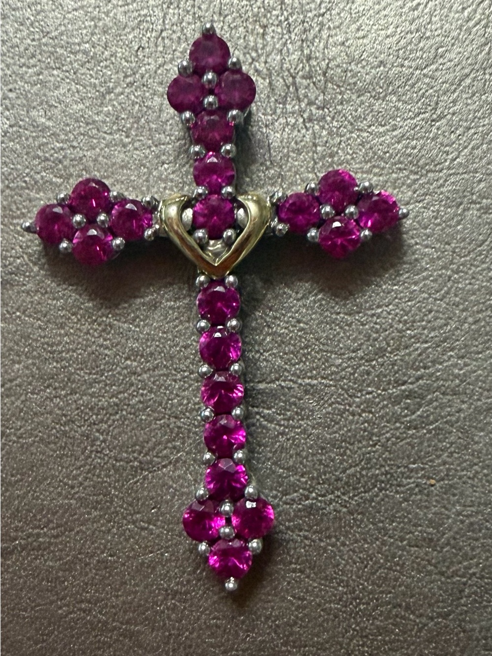 Sterling silver 10k yellow gold heart pink ruby cross necklace